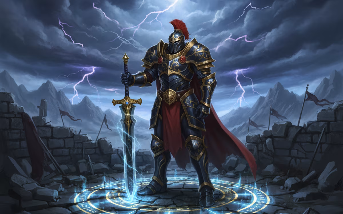Heroic warrior on the ramparts of an ancient citadel