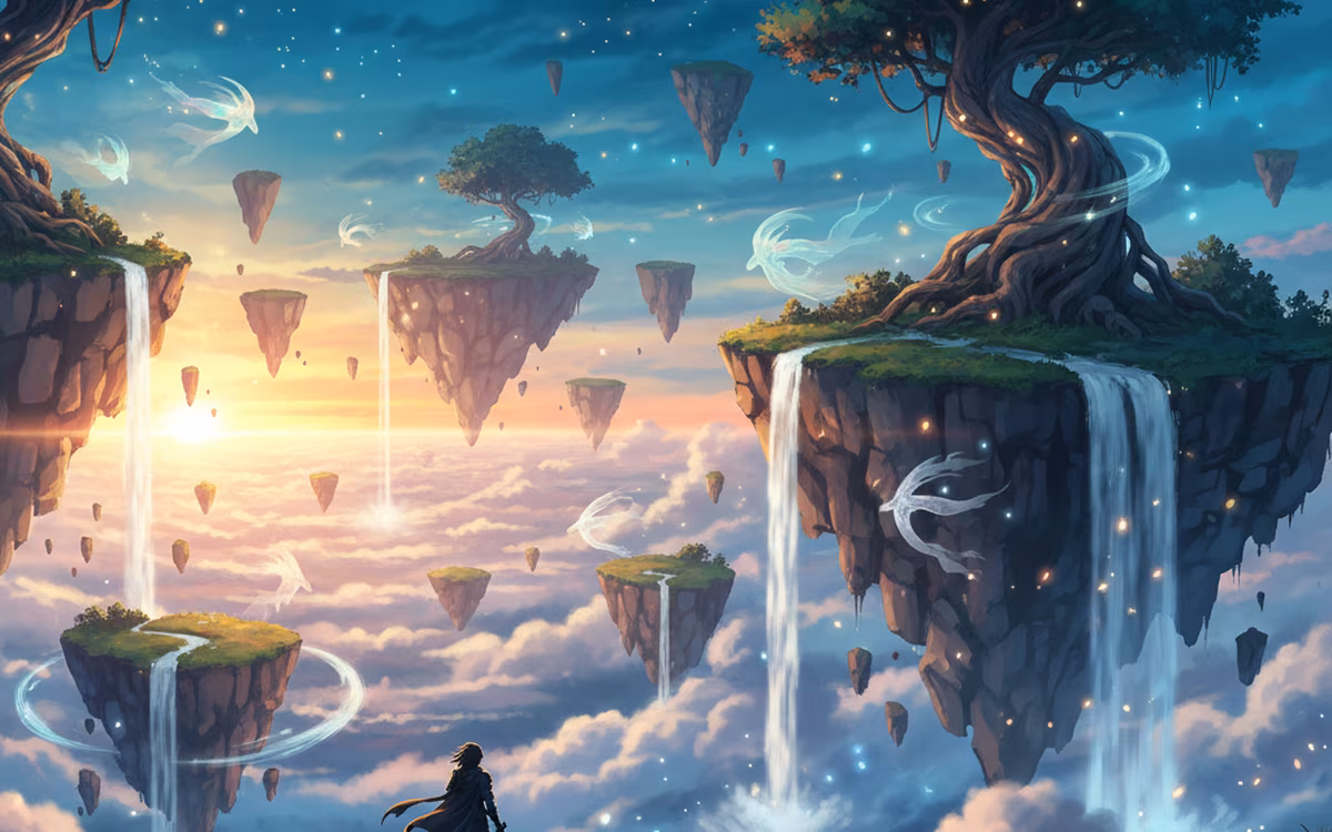 Vivid fantasy sky islands with waterfalls and hero silhouette