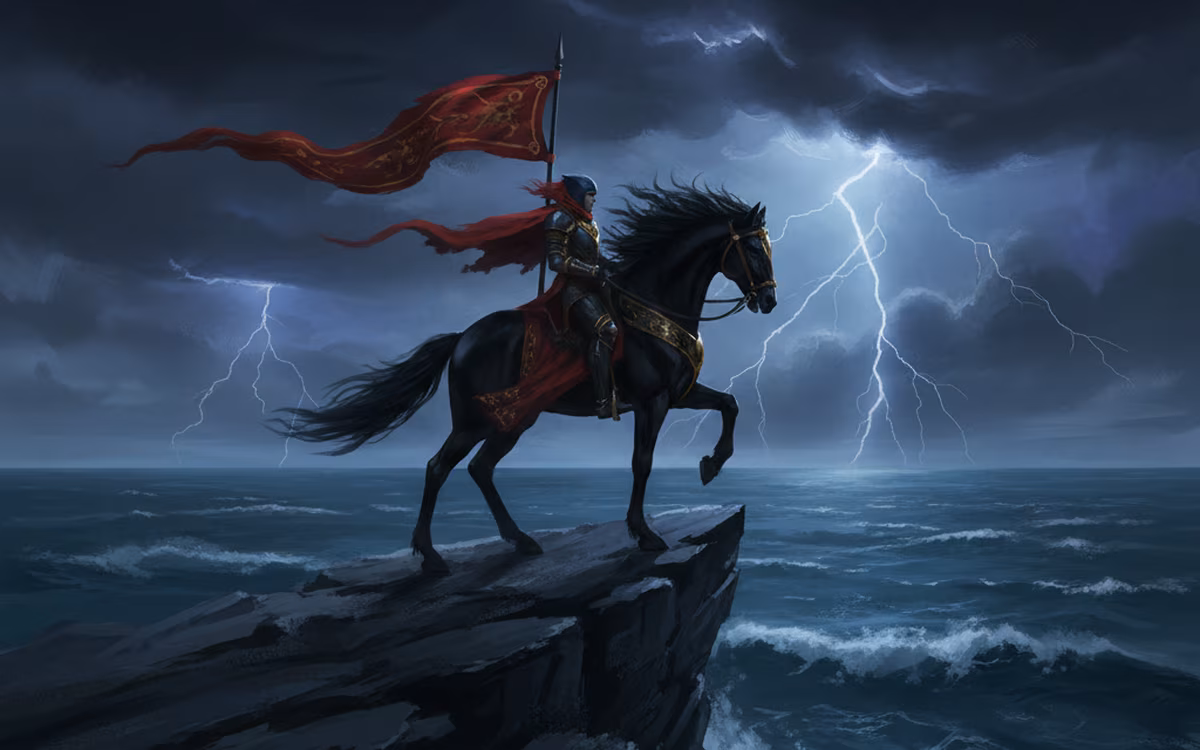Cloaked rider on a black horse overlooking a stormy sea