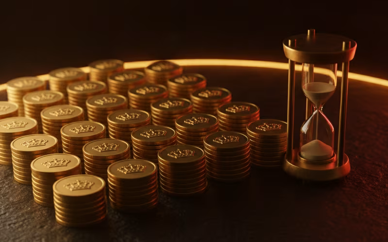 Stacks of golden coins with an hourglass on a dark table