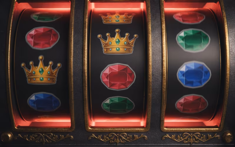 Close-up of slot machine reels with gem symbols mid-spin