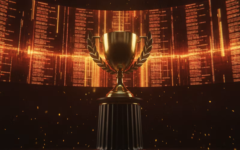 Golden trophy in front of a glowing leaderboard wall