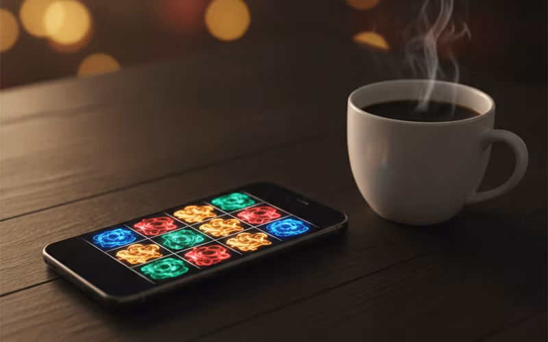 Smartphone with glowing slot reels beside a cup of coffee