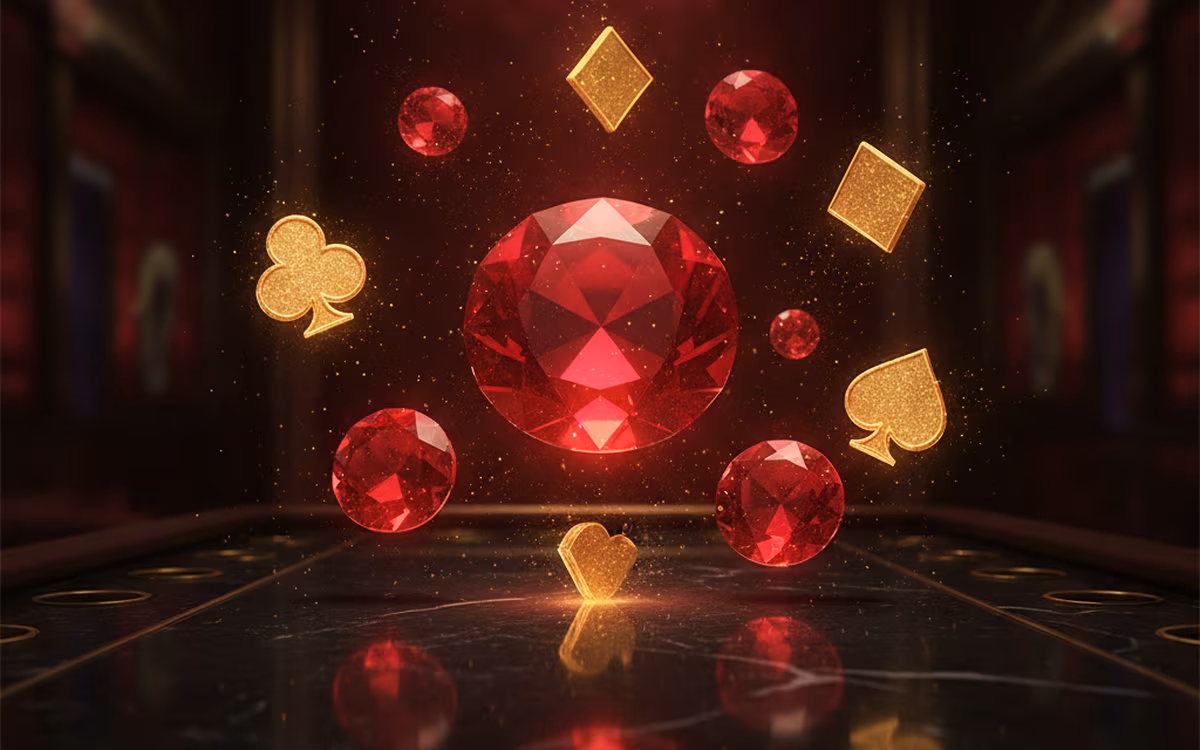 Glowing ruby gemstones and golden card suits on dark obsidian