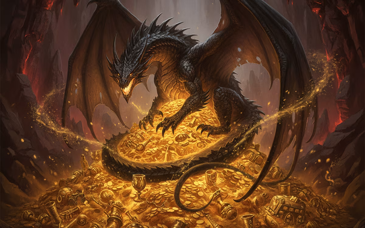 Dragon curled around a glowing mountain of gold treasure
