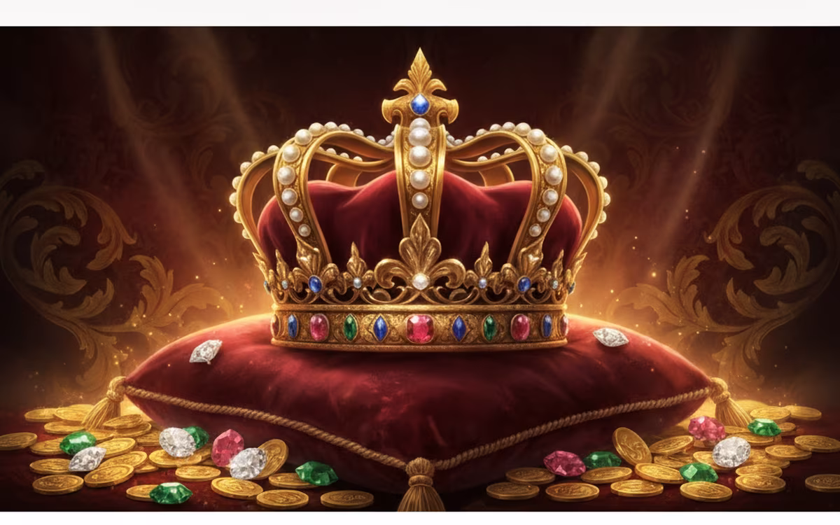 Golden imperial crown on crimson velvet surrounded by coins