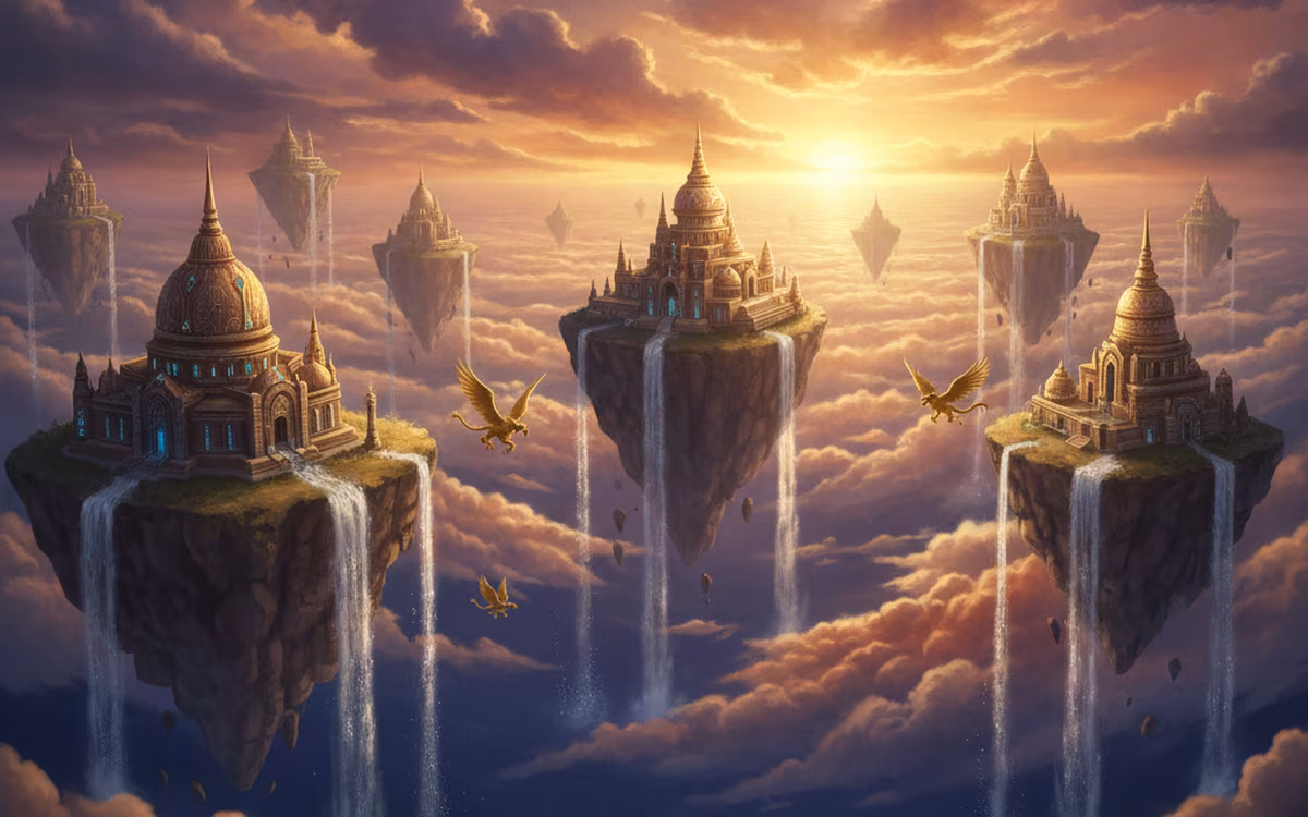 Floating sky islands with golden temples above sunset clouds